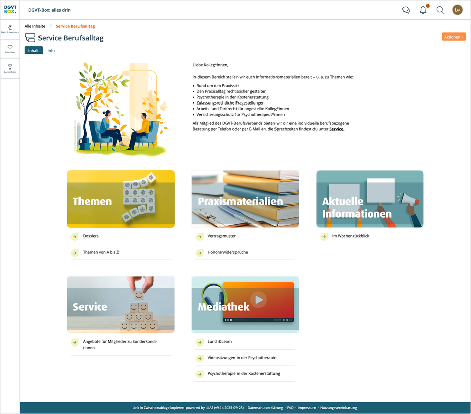 Screenshot der Seite "Service Berufsalltag" in der DGVT-Box (https://www.dgvt-box.de/goto.php/cat/139)